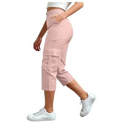 Casual High-waisted Loose-fitting Straight-leg Cargo Capri Pants For Travel