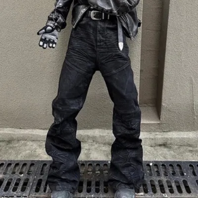 American-style Raw-edge Slim-fit Pleated Slightly Flared Denim Jeans