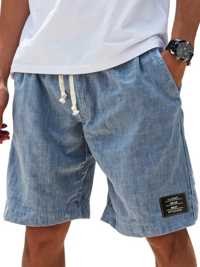 2025 New Amazon Cross-Border Linen Solid Color Embroidered Black Label Shorts Men's Summer Loose Beach Pants