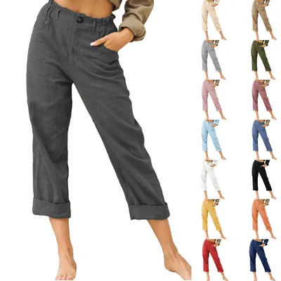 2026 European And American Women's Fashion Wish  New Solid Color Cotton And Linen Fashion Loose High-Waisted Straight Casual Long Pants For Women
