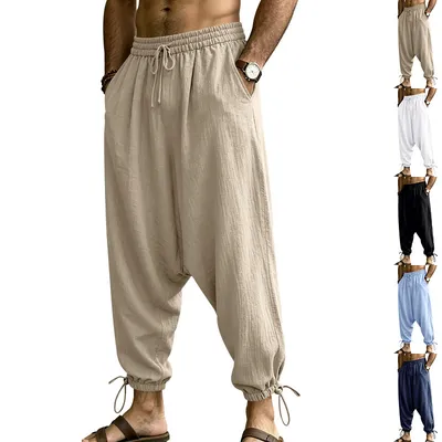 Mens Linen Drop-Crotch Harem Jogger Pants
