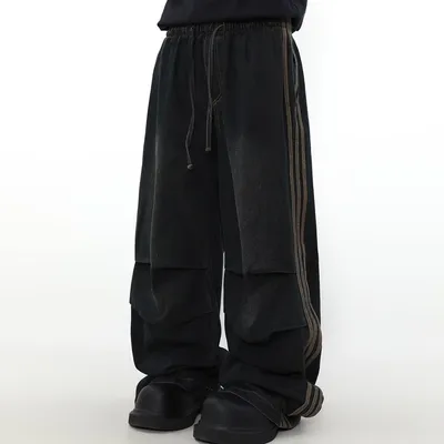 American Pleated Design Sense Niche Striped Wide Leg Straight Jeans Men