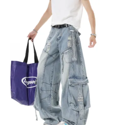 American Heavyweight Deconstructed Ribbon Cargo Jeans For Men And Women