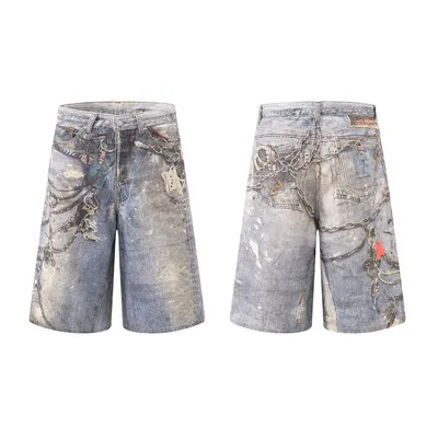 3D Digital Printed Chain Denim Shorts