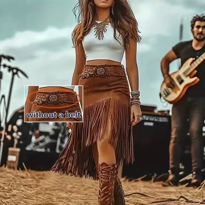 Womens Bohemian-style Solid-color Patchwork High-waisted Fringed Skirt