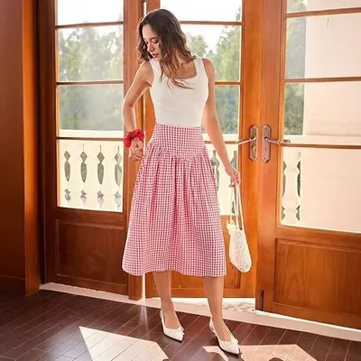 Womens High-waisted Long Plaid Skirt