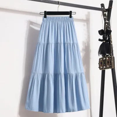 All-match Large Hem Elastic Waist Ice Silk Denim Skirt For Women