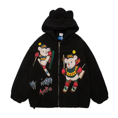 American Cute Cartoon Flocking Bear Lamb Fur Hooded Jacket