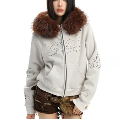 All-matching Solid Color Retro Furry Stitching Velvet Zipper Casual Coat