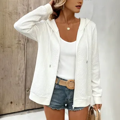 Womens Ribbed-panel Casual Loose-fit Hooded Jacket