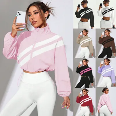 A Short Sun-protective Jacket With A Stand-up Collar And Diagonal Stripes