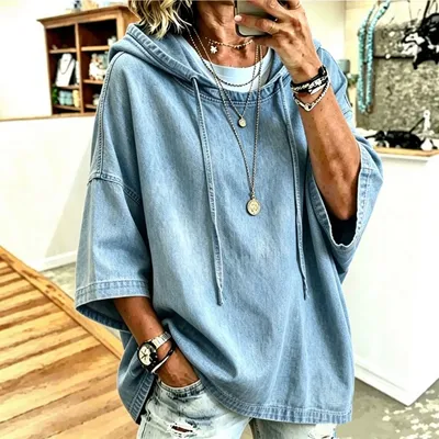Loose-fit Drawstring-hooded Denim Jacket