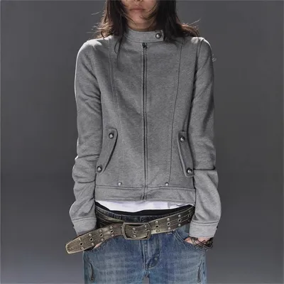 American-style Vintage Gray Stand-collar Solid-color Jacket