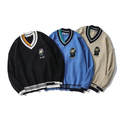 Hong Kong Style Japanese Small College Style Couple Cartoon Bear V-Neck Loose Long-Sleeved Sweater Sweater