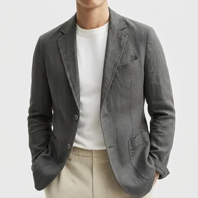 Plus-Size Solid-Colored Cotton-Linen Single-Breasted Blazer For Mens Business Commute