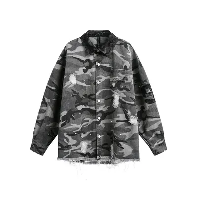 American Retro Loose Heavy Industry Distressed Camouflage Long Sleeve Shirt