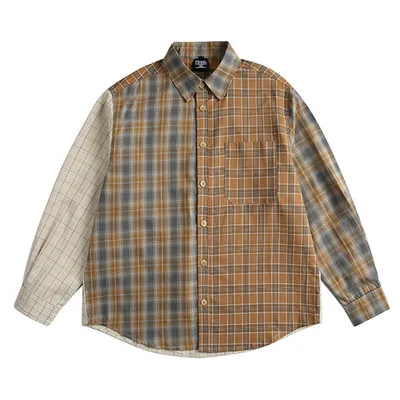 American Retro Irregular Stitching Contrast Color Check Long Sleeve Shirt