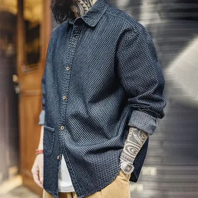 American Retro Chessboard Plaid Denim Shirt Jacket Loose
