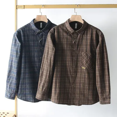 Mens Casual Long-sleeve Washed Cotton Plaid Shirt