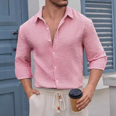 Mens Striped Long-sleeve Loose-fit Button-down Shirt