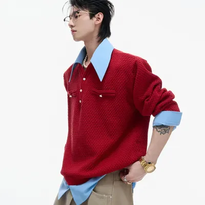 A Niche Textured Faux Two-piece Shirt With A Bold Color-block Design