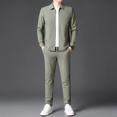 Autumn New Lapel Zip-up Cardigan Coat Jacket Trendy Trousers Mens Two-piece Set