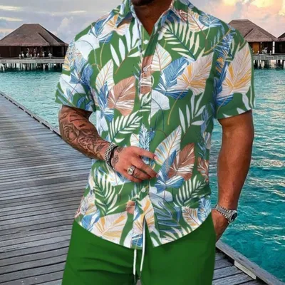 All-match Printed Short-Sleeve Shirt And Shorts Set For Men
