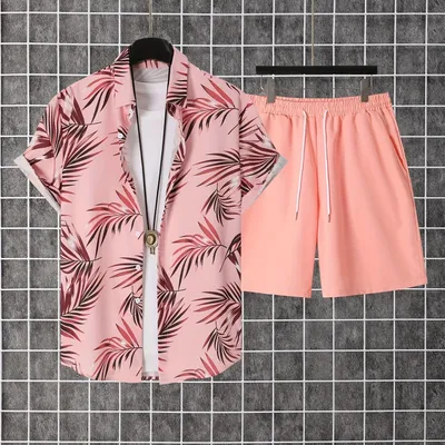 2-piece Set Leaf-print Drawstring Shorts And Short-sleeve Shirt