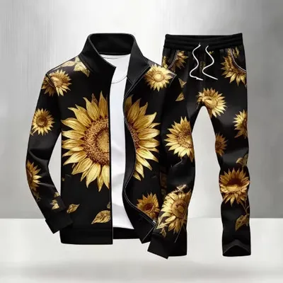 Printed Stand-Neck Zipper Casual Jacket And Pants Set