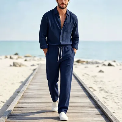Mens Solid-Color Lapel Cardigan And Linen Long-Sleeve Pants Set