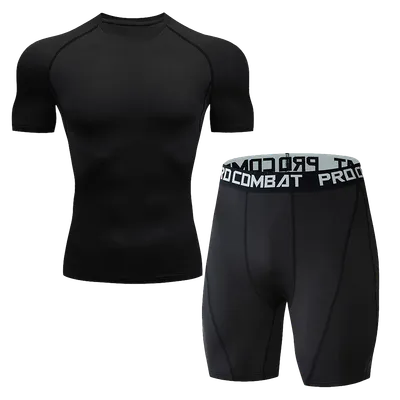 Men Quick Dry Compression Suit 2 Pieces Athletic Short Sleeve Tight Shirt Elastic Waist Sports Shorts Gym Running Training Fitness Base Layer Underwear Set