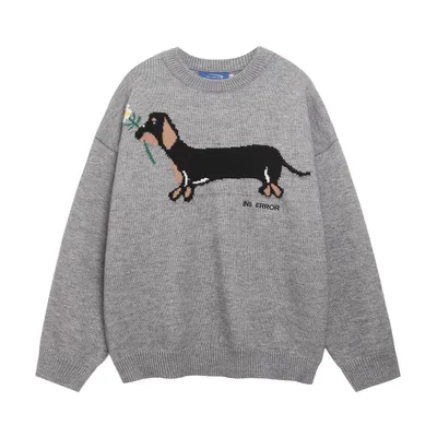 American Retro Sausage Puppy Jacquard Round Neck Sweater
