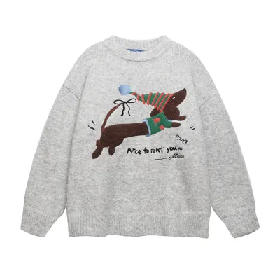 American Retro Christmas Hat Puppy Embroidery Design Casual Round Neck Sweater