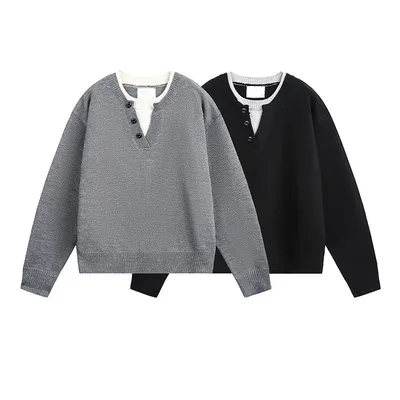 American Retro Color Block Contrast V-neck Sweater