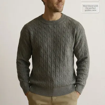 Mens Retro Knitted Sweater Solid-Color Crew-Neck Pullover