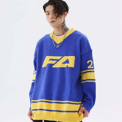 Alphanumeric Jacquard Colour Blocked Long Sleeve Jumper For Men