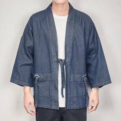 3/4 sleeve denim cardigan men's kimono