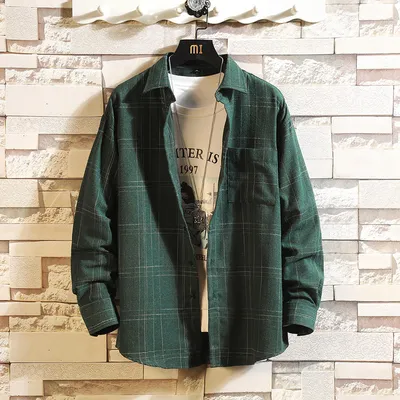  Fall New Long Sleeve Shirt Men's Loose Men's Plaid