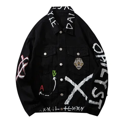  Printing Black Denim Jacket Men's Autumn And Winter Trend Handsome Cardigan Jacket
