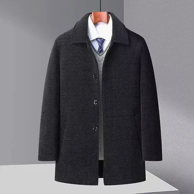 Autumn And Winter New Men's Trench Coat Chenille Fleece-lined Middle-aged And Elderly Men's Fur Collar Woolen Coat