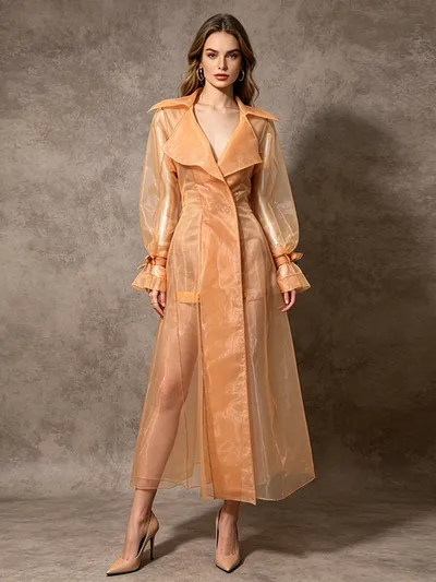 Sheer Organza Trench-Style Maxi Coat