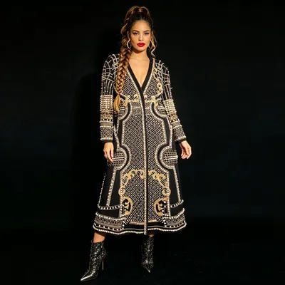 Womens Long Suit-Style Trench Coat With Floral Print And Beading