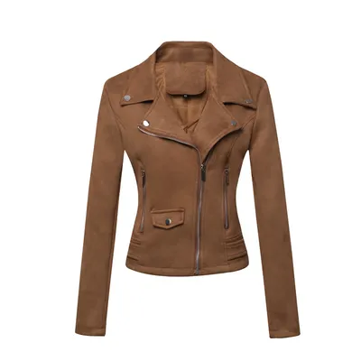 Womens Leather Jacket Short Style Slim-Fit Suede Velvet Leather Jacket For Commuting