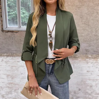 Womens Long-sleeve Coat Solid-color Fashionable Drawstring Short Jacket With A Lapel