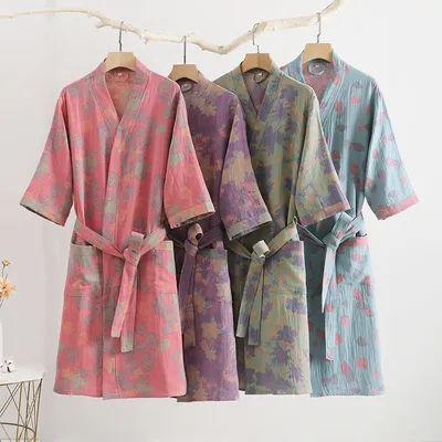 Cotton Double Layer Gauze Bathrobe Thin Summer Pajamas Loungewear Nightgown