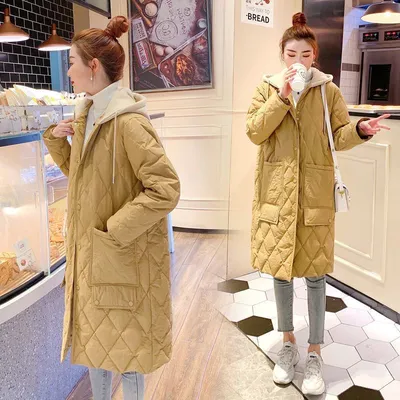 All-matching Cotton-padded Women's Over-the-knee Rhombus Plaid Loose Plus Size Hooded Jacket