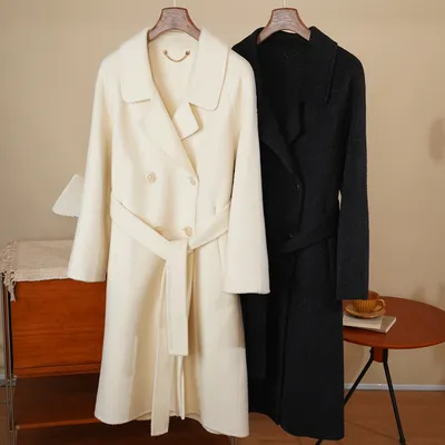 Alpaca Long-Fluff Double-Faced Wool Classic Double-Breasted Belted Womens Wool Coat