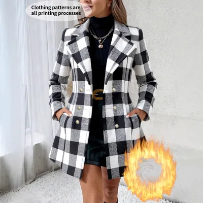 Plus-size Contrast-color Plaid Fleece-lined Loose-fit Coat For Women