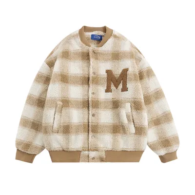 Contrasting Color Plaid Stand-up Collar Cotton Suit Loose Coat Jacket