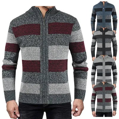 Contrast Wide Stripe Stand Collar Sweater Coat
